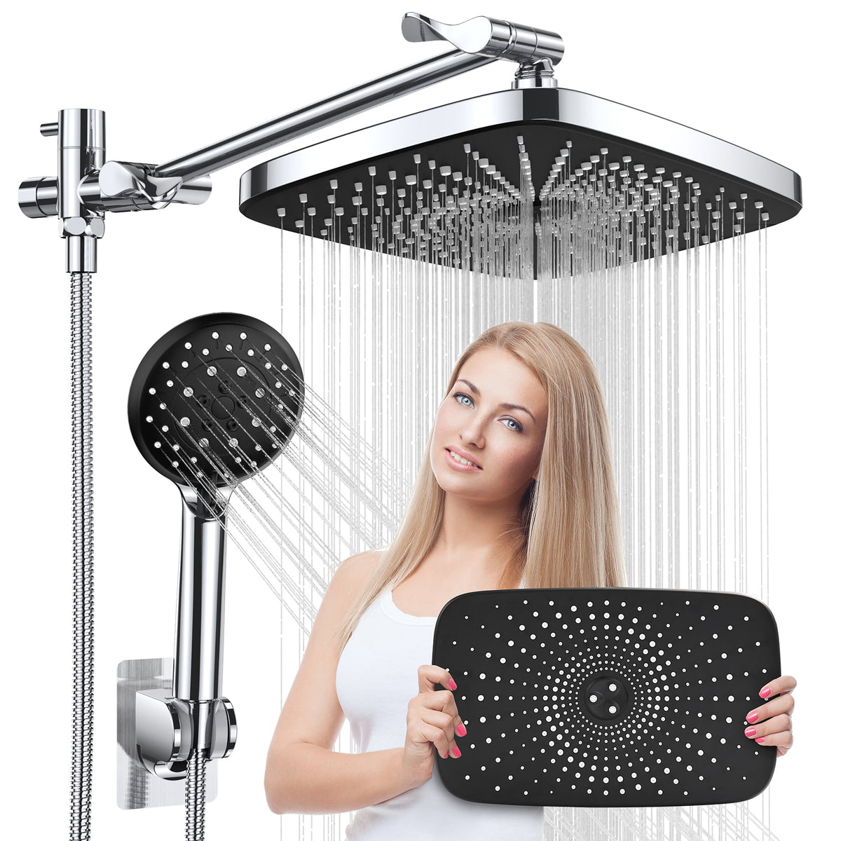 5-Setting High Pressure Shower Head, 12 inch Rain Shower Head with Han ...