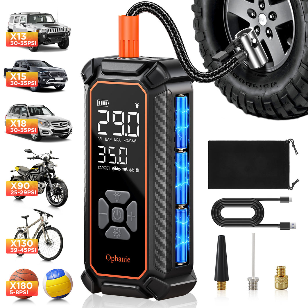 Ophanie Tire Inflator Portable Air Compressor, 9000mAh, 150PSI, Auto Air Pump for Car Tires, Motorcycle, Bicycle, Electric Pump with LED Light，Digital Pressure Gauge & Auto Shut-Off