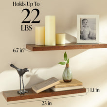 Load image into Gallery viewer, Ophanie 22.5 inch 2 Pack Wood Floating Shelves, Hanging Float Shelf for Wall Mounted Decorative Shelves, 6.7 x 23 Inch, Set of 2, Rustic Brown