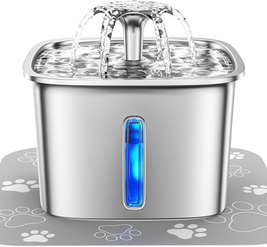 Ophanie 95oz/2.8L Stainless Steel Cat Water Fountain with Replacement Filters & Silicone Mat, Automatic Water Dispenser for Cats and Dogs, Electric Drinking Bowl Suitable for Multiple Pets Silver