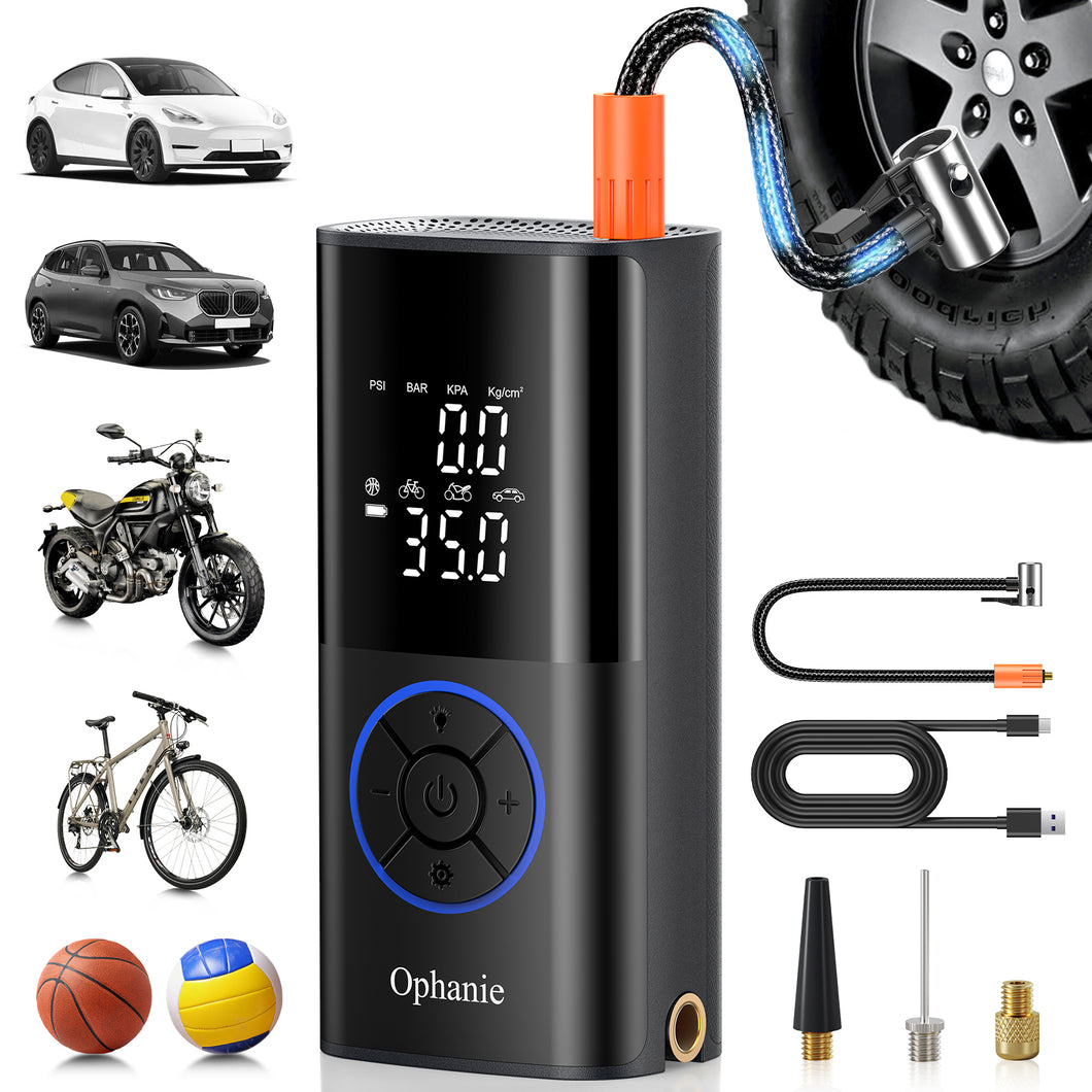 Ophanie Cordless Portable Tire Inflator - 160 Psi Digital Pressure Gauge, Air Compressor for Car Tires with Automatic Shutoff, Emergency LED Light, Compact Automotive Pump, Includes Storage Bag