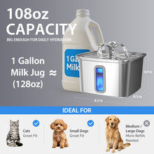 Load image into Gallery viewer, Veken Innovation Award Winner Stainless Steel Cat Water Fountain, 108oz/3.2L Automatic Pet Fountain Dog Water Dispenser with 3 Replacement Filters &amp; Silicone Mat, Gifts for Cats, Dogs (Silver)