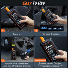 Load image into Gallery viewer, OlarHike Tire Inflator Portable Air Compressor, Dual Power - 6000mAh &amp; 12V DC, Cordless Air Pump for Car Tires, Bikes, Motorcycle, Balls with LED &amp; Digital Pressure Gauge, Auto Shut-off