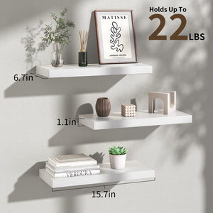 Ophanie 16 inch Wood Floating Shelves, Hanging Float Shelf for Bathroom, Bedroom, Living Room, Kitchen with 22lbs Capacity, Wall Mounted Decorative Shelves, 16 x 6.7x 1.1 Inch, Set of 3, White
