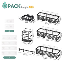 Load image into Gallery viewer, Ophanie Adhesive Shower Caddy, 6-Pack, Large-Capacity Bathroom Organizers and Storage with Towel Hooks, No-Drill Wall-Mounted Basket, Black