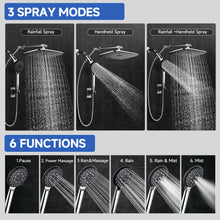 Load image into Gallery viewer, Ophanie 12 Inch High Pressure Rain Shower Head Combo with Adjustable Extension Arm - Wide Rainfall &amp; 5 Spray Handheld Showerhead, Dual Anti-Clog Nozzles for Ultimate Shower Experience