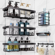 Load image into Gallery viewer, Ophanie Adhesive Shower Caddy, 6-Pack, Large-Capacity Bathroom Organizers and Storage with Towel Hooks, No-Drill Wall-Mounted Basket, Black