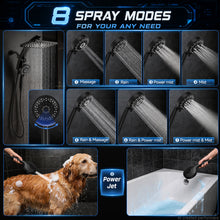 Load image into Gallery viewer, Veken 12" Rain Shower Head with Handheld,High Pressure Power Wash,Magnetic | Dual Shower Heads Combo,8-Mode Hand Held Spray with Hose,Double Detachable Rainfall Showerhead,Best Matte Black Shower System