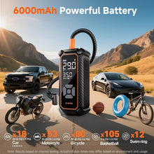 Load image into Gallery viewer, OlarHike Tire Inflator Portable Air Compressor, Dual Power - 6000mAh &amp; 12V DC, Cordless Air Pump for Car Tires, Bikes, Motorcycle, Balls with LED &amp; Digital Pressure Gauge, Auto Shut-off