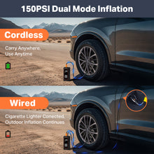 Load image into Gallery viewer, Ophanie Tire Inflator Portable Air Compressor, 9000mAh Battery Powered, 150PSI Dual Mode, Auto Air Pump for Car Tires, Motorcycle, Bicycle, Electric Pump with LED Light &amp; Digital Pressure Gauge