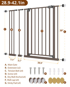 Baby Safety Gate,28.9-42.1"Wide,30" Tall Pressure Mounted,White