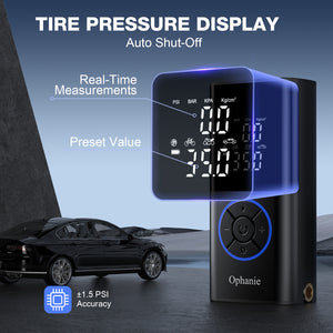 Ophanie Cordless Portable Tire Inflator - 160 Psi Digital Pressure Gauge, Air Compressor for Car Tires with Automatic Shutoff, Emergency LED Light, Compact Automotive Pump, Includes Storage Bag