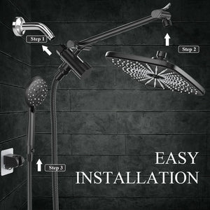 5-Setting High Pressure Shower Head, 12 inch Rain Shower Head with Handheld and Hose,Chrome & Black