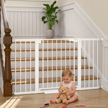 Load image into Gallery viewer, Cumbor 30-54" Extra Wide Baby Gate for Stairs, Auto Close Dog Gate White Dual Lock Pet Gate Indoor, Easy Install Safety Gate for Doorways, Hallway &amp; Kitchen, Easy Walk Thru Proofing for Babies &amp; Pet