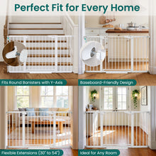 Load image into Gallery viewer, Cumbor 30-54" Extra Wide Baby Gate for Stairs, Auto Close Dog Gate White Dual Lock Pet Gate Indoor, Easy Install Safety Gate for Doorways, Hallway &amp; Kitchen, Easy Walk Thru Proofing for Babies &amp; Pet