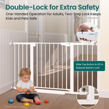 Load image into Gallery viewer, Cumbor 30-54" Extra Wide Baby Gate for Stairs, Auto Close Dog Gate White Dual Lock Pet Gate Indoor, Easy Install Safety Gate for Doorways, Hallway &amp; Kitchen, Easy Walk Thru Proofing for Babies &amp; Pet