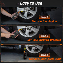 Load image into Gallery viewer, Ophanie Cordless Portable Tire Inflator - 160 Psi Digital Pressure Gauge, Air Compressor for Car Tires with Automatic Shutoff, Emergency LED Light, Compact Automotive Pump, Switchable Wired