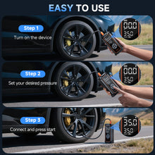 Load image into Gallery viewer, Ophanie Tire Inflator Portable Air Compressor, 9000mAh, 150PSI, Auto Air Pump for Car Tires, Motorcycle, Bicycle, Electric Pump with LED Light，Digital Pressure Gauge &amp; Auto Shut-Off