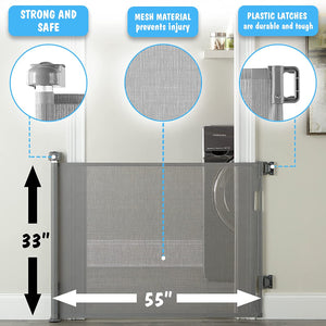 Retractable Baby Gates, Mesh Pet Gate 33" Tall, Extends to 55" Wide,Gray