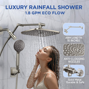 Ophanie 12 Inch High Pressure Rain Shower Head Combo with Adjustable Extension Arm - Wide Rainfall & 5 Spray Handheld Showerhead, Dual Anti-Clog Nozzles for Ultimate Shower Experience