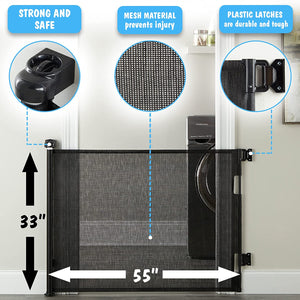 Retractable Baby Gate, Mesh Pet Gate 33" Tall, Extends to 55" Wide, Black