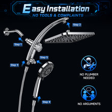 Load image into Gallery viewer, Veken 12" Rain Shower Head with Handheld,High Pressure Power Wash,Magnetic | Dual Shower Heads Combo,8-Mode Hand Held Spray,Wand,Double Detachable Rainfall Showerhead with Arm,Bathroom Set,Chrome,Silver