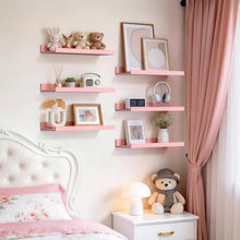 Load image into Gallery viewer, BAYKA 15.7x5.12" Floating Shelves for Wall,Room Decor,Raised Lip,6 Pack Wooden Picture Ledge, Lego Display, Bookshelf, Trinkets, Perfume, Storage in Bedroom,Bathroom,Living Room,Kids Room,Pink