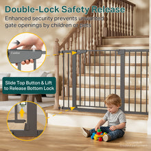 Load image into Gallery viewer, Cumbor 30-48 in Baby Gate for Stairs, Auto Close Dog Gate Indoor Cool Gray Mom's Choice Awards Winner, Double Lock Safety for Doorways, One-Hand Open Child Gate for Toddlers &amp; Pets, Pressure Mounted