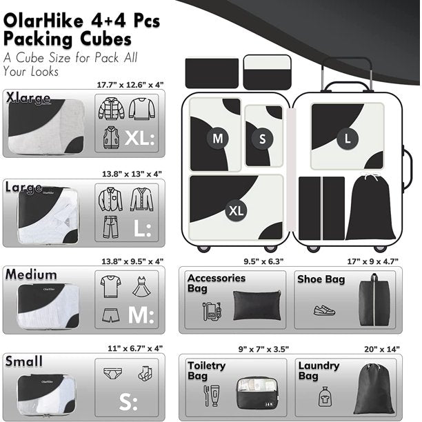 OlarHike 8 Set Packing Cubes, Travel Luggage Organizers,Black 