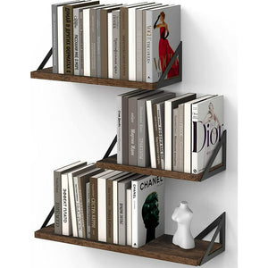 OlarHike 16 inch Wood Floating Shelves Wall Mounted Shelves, Brown, Set of 3