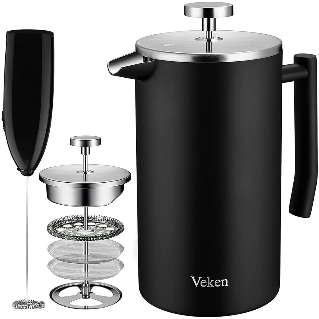 French Press Double-Wall 18/10 Stainless Steel Coffee & Tea Maker, Multi-Screen System, 2 Extra Filters Included, Rust-Free, Dishwasher Safe, (1L), Black