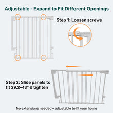 Load image into Gallery viewer, Cumbor 29.2–43" Baby Gate for Stairs, Hardware Mounted (Drill Required), Expandable No Bottom Bar Dog Gate, Auto Close Extra Wide Walk Thru, Pet &amp; Toddler Proof Gate, Top &amp; Bottom of Stairways (White)