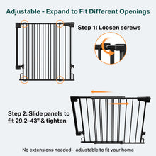 Load image into Gallery viewer, Cumbor 29.2–43" Baby Gate for Stairs, Hardware Mounted (Drill Required), Expandable No Bottom Bar Dog Gate, Auto Close Extra Wide Walk Thru, Pet &amp; Toddler Proof Gate, Top &amp; Bottom of Stairways(Black)