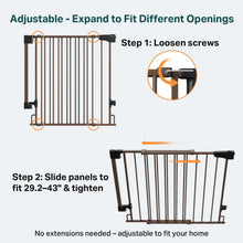 Load image into Gallery viewer, Cumbor 29.2–43" Baby Gate for Stairs, Hardware Mounted (Drill Required), Expandable No Bottom Bar Dog Gate, Auto Close Extra Wide Walk Thru, Pet &amp; Toddler Proof Gate, Top &amp; Bottom of Stairways (Brown)