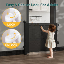 Load image into Gallery viewer, Cumbor 27-40" Retractable Baby Gates for Stairs &amp; Doorways, Hardware Mounted Mesh Dog &amp; Pet Gate, Easy Walk Through, One-Hand Operation, Anti-Crawl Adjustable Safety Gate for Dog, Indoor Outdoor Black