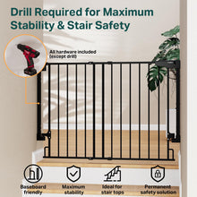 Load image into Gallery viewer, Cumbor 29.2–43" Baby Gate for Stairs, Hardware Mounted (Drill Required), Expandable No Bottom Bar Dog Gate, Auto Close Extra Wide Walk Thru, Pet &amp; Toddler Proof Gate, Top &amp; Bottom of Stairways(Black)