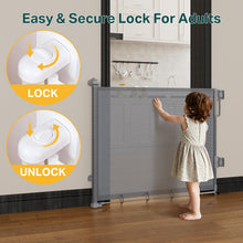 Load image into Gallery viewer, Cumbor 27-40" Retractable Baby Gates for Stairs &amp; Doorways, Hardware Mounted Mesh Dog &amp; Pet Gate, Easy Walk Through, One-Hand Operation, Anti-Crawl Adjustable Safety Gate for Dog, Indoor Outdoor Grey