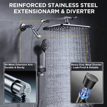 Load image into Gallery viewer, Veken Wide Brushed Nickel Rain Shower Head with Handheld, High Pressure Rainfall Showerhead Combo with Arm for Bathroom Accessories, Home Decor, Detachable Dual Shower with Multi Modes Handheld Spray