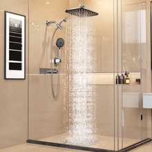 Load image into Gallery viewer, Veken Wide Rain Shower Head with Handheld, High Pressure Rainfall Showerhead Combo with Arm for Bathroom Accessories, Home Decor, Detachable Dual Shower with Multi Modes Handheld Spray, Silver Chrome
