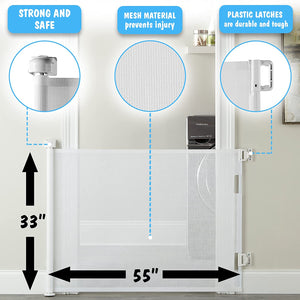 Retractable Baby Gates, Mesh Pet Gate 33" Tall, Extends to 55" Wide,White